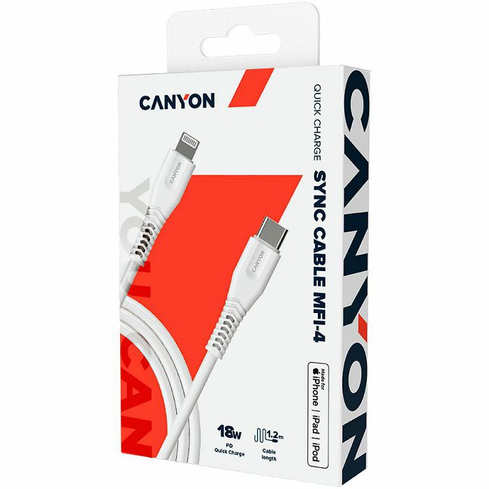 CANYON MFI-4 Type C Cable To MFI Lightning for Apple, PVC Mouling,Function: with full feature( data transmission and PD charging) Output:5V/2.4A, OD:3.5mm, cable length 1.2m, 0.026kg,Color:White
