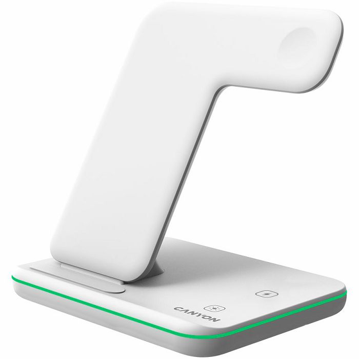 CANYON WS-303 3in1 Wireless charger, with touch button for Running water light, Input 9V/2A, 12V/2A, Output 15W/10W/7.5W/5W, Type c to USB-A cable length 1.2m, 137*103*140mm, 0.22Kg, White
