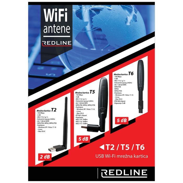 REDLINE Wi-Fi mrežna kartica, USB, 2.4 GHz, 2 dB, 150 Mbps, RT7601 - T2 WiFi antena