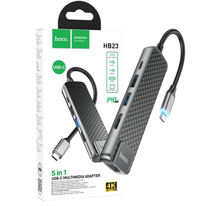 hoco. Konverter USB HUB type C to USB3.0/USB2.0/HDMI/RJ45/PD - HB23 Easy view