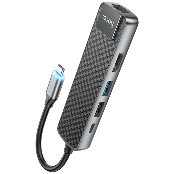hoco. Konverter USB HUB type C to USB3.0/USB2.0/HDMI/RJ45/PD - HB23 Easy view