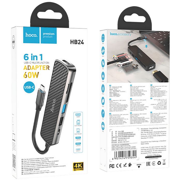 hoco. Konverter USB HUB type C to HDMI/USB3.0/USB2.0/SD/ TF/PD - HB24 Easy display