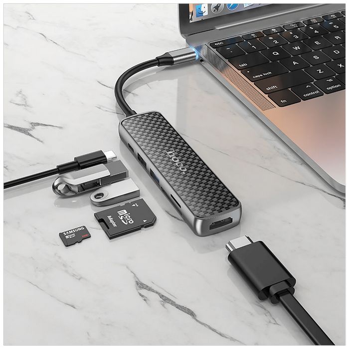 hoco. Konverter USB HUB type C to HDMI/USB3.0/USB2.0/SD/ TF/PD - HB24 Easy display