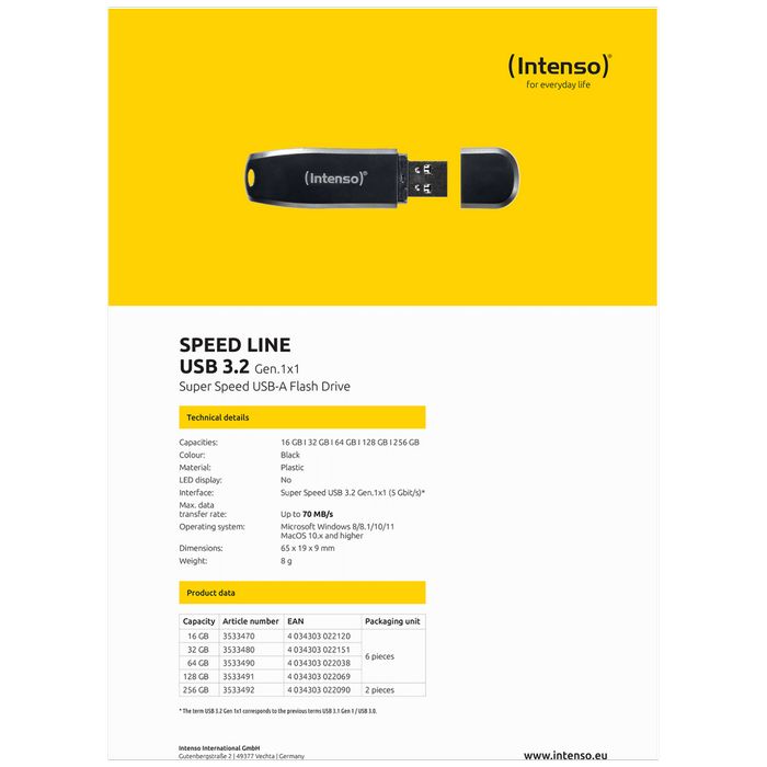 (Intenso) USB Flash drive 64GB Hi-Speed USB 3.2, SPEED Line - USB3.2-64GB/Speed Line