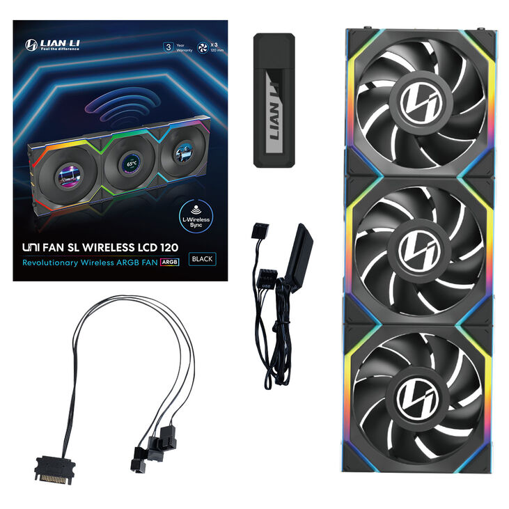 Lian Li UNI FAN SL Wireless LCD Lüfter, ARGB, PWM, 3er-Pack inkl. Controller - 120 mm, black-12SLLCD1W3B