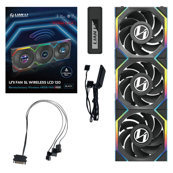 Lian Li UNI FAN SL Wireless LCD Lüfter, ARGB, PWM, 3er-Pack inkl. Controller - Reverse Blade, 120 mm, black-12RSLLCD1W3B