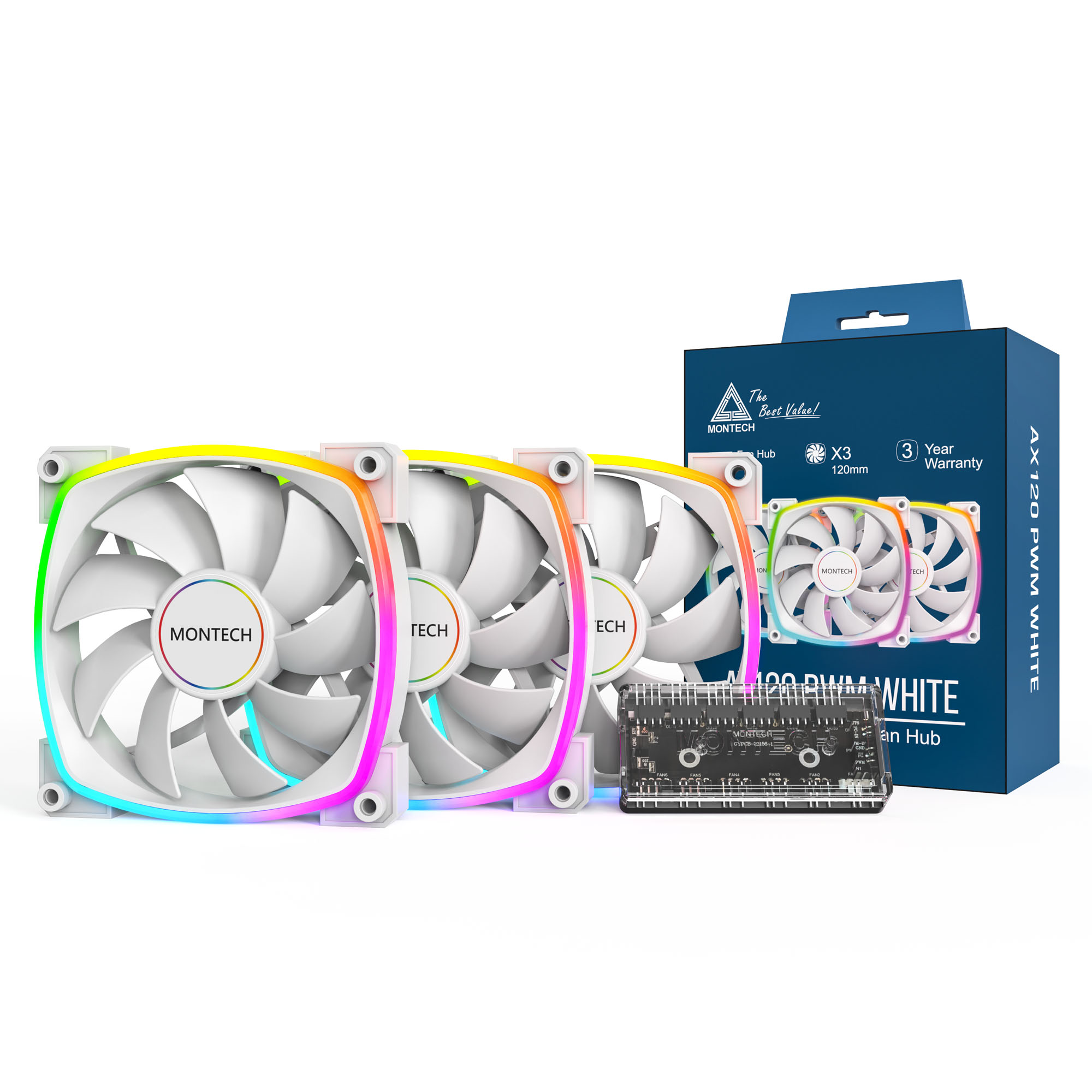 Montech AX120 PWM ARGB Lüfter, 3er Pack, white - 120mm-AX120 3 IN 1 PACK (W)