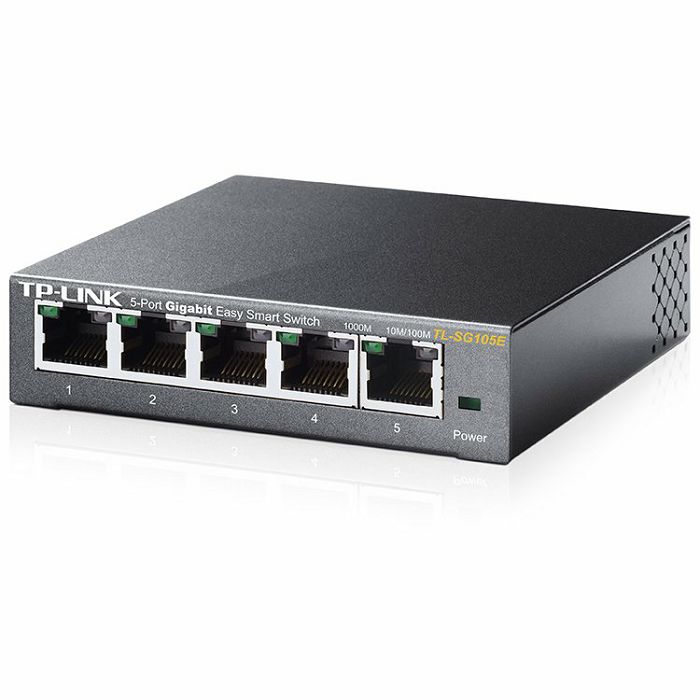 TP-Link TL-SG105E 5-Port Gigabit Desktop Easy Smart Switch, 5 10/100/1000Mbps RJ45 ports, MTU/Port/Tag-based VLAN, QoS, IGMP Snooping, Green technology, Metal Casing, Desktop/Wall mount