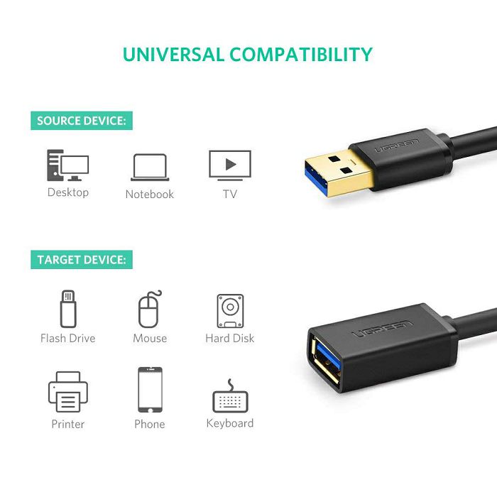 Ugreen USB 3.0 extension (M to F) black 2m - polybag