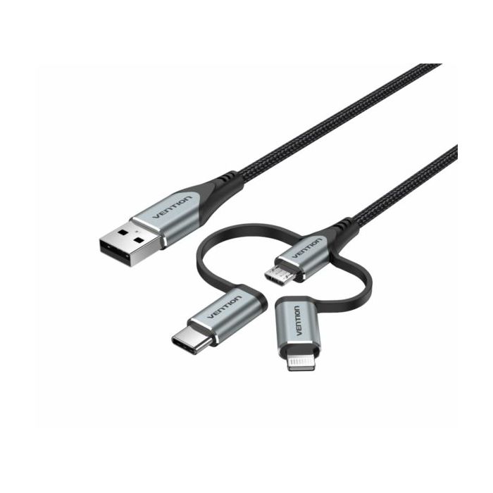 Vention USB 2.0 A Male to 3-in-1 Micro-B USB-C Lightning Male Cable 1,5m, Gray