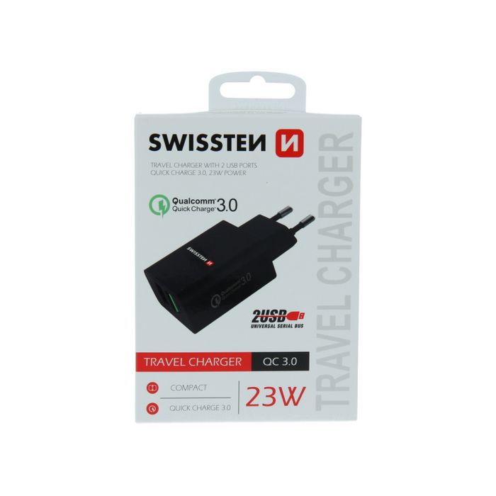 SWISSTEN punjač za AC220, 2xUSB, QUALCOMM 3.0, brzi, 23W, crni EOL