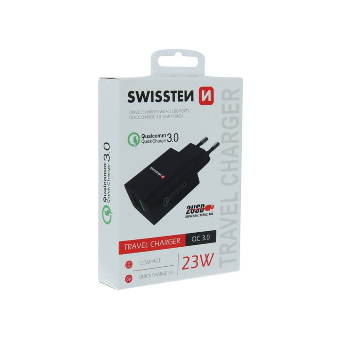 SWISSTEN punjač za AC220, 2xUSB, QUALCOMM 3.0, brzi, 23W, crni EOL