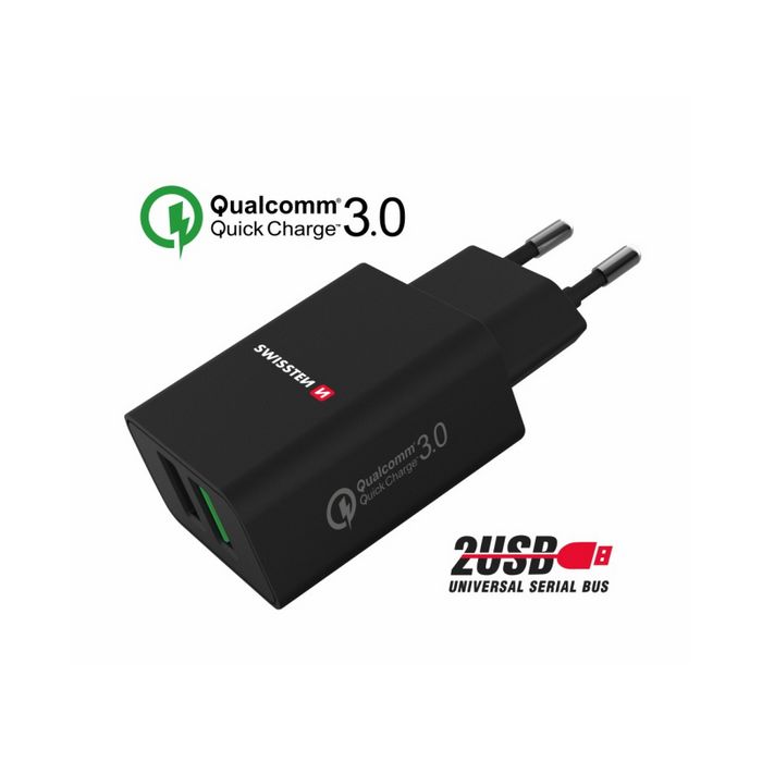 SWISSTEN punjač za AC220, 2xUSB, QUALCOMM 3.0, brzi, 23W, crni EOL
