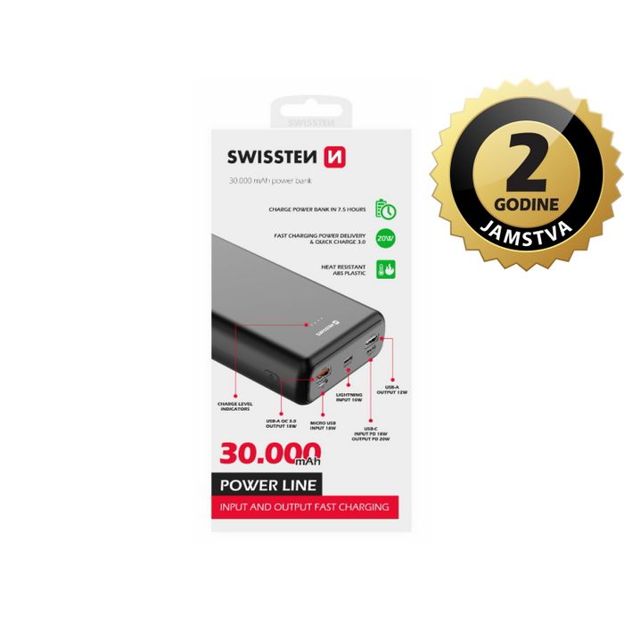 Dodatna baterija - Power Bank SWISSTEN 30000mAh, 20W, PD, QC, svi utori, crna