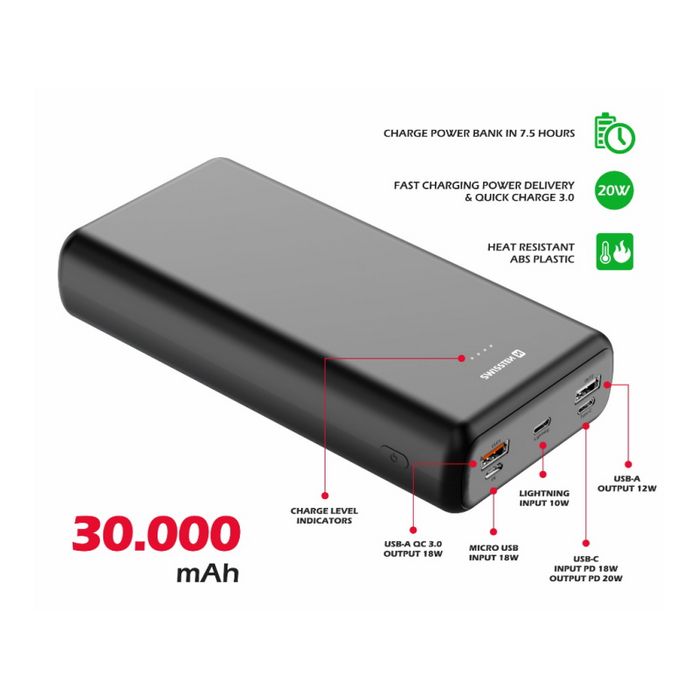 Dodatna baterija - Power Bank SWISSTEN 30000mAh, 20W, PD, QC, svi utori, crna