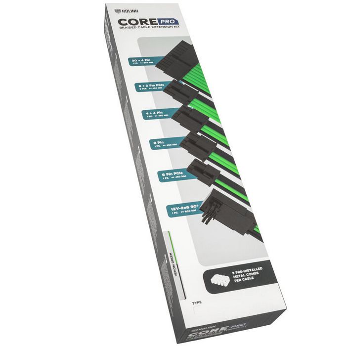 Kolink Core Pro Braided Cable Extension Kit 12V-2x6 Type 1 - Venom Green-COREPRO-EK-12VT1-GRN