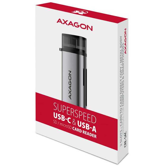 AXAGON CRE-SAC card reader, USB 3.2 Gen1 Type C + Type A, SD, microSD CRE-SAC