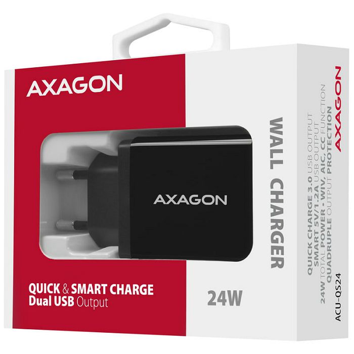 AXAGON ACU-QS24 Ladegerät, 2x USB-A, QC3.0/Smart 5V 1,2A, 24W - black ACU-QS24