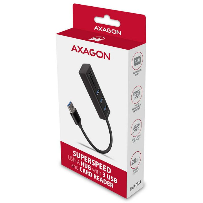 AXAGON HMA-CR3A Multiport-Hub, USB 3.0 Typ A, 3x USB-A, SD, microSD HMA-CR3A