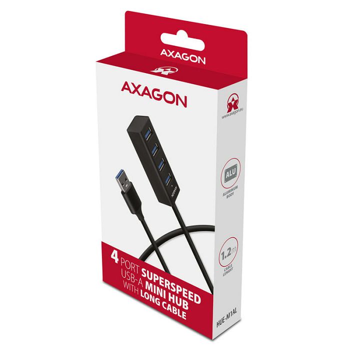 AXAGON HUE-M1AL Mini USB-A-Hub,4x USB-A 3.2 Gen 1, silber - 1,2m HUE-M1AL