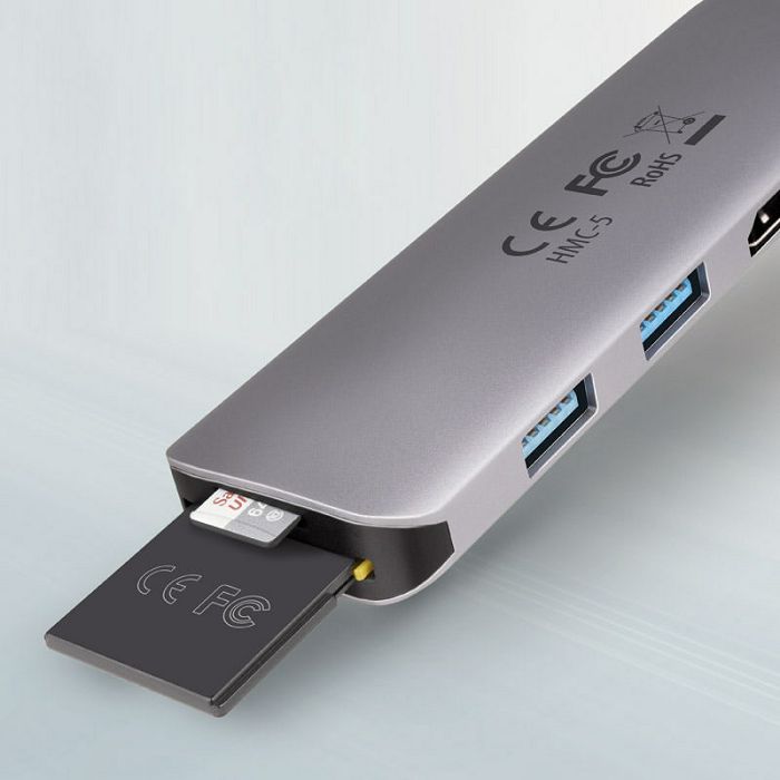 AXAGON HMC-5 USB-C-Hub, 2x USB-A, HDMI, 2x USB-C 3.2 Gen 1, 1x SD, 1x microSD, silber HMC-5