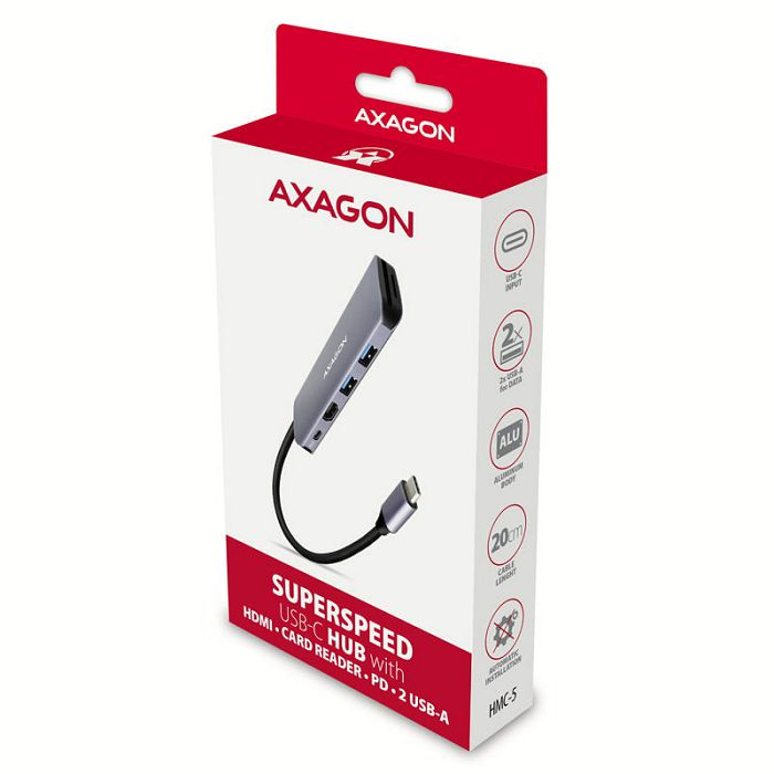 AXAGON HMC-5 USB-C-Hub, 2x USB-A, HDMI, 2x USB-C 3.2 Gen 1, 1x SD, 1x microSD, silber HMC-5