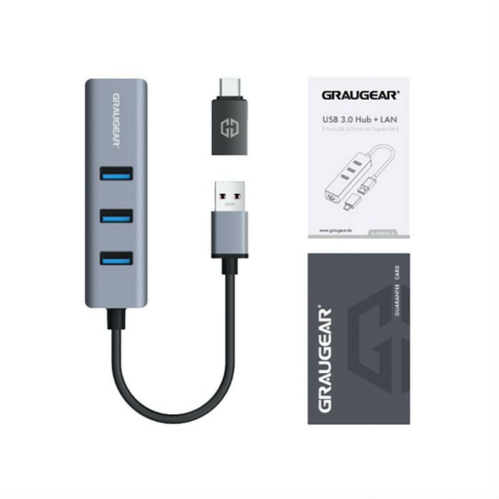 Graugear USB-Hub, 3x USB 3.0 Type-A Gbit LAN, inkl. USB-C Adapter - silver G-HUB31L-AC