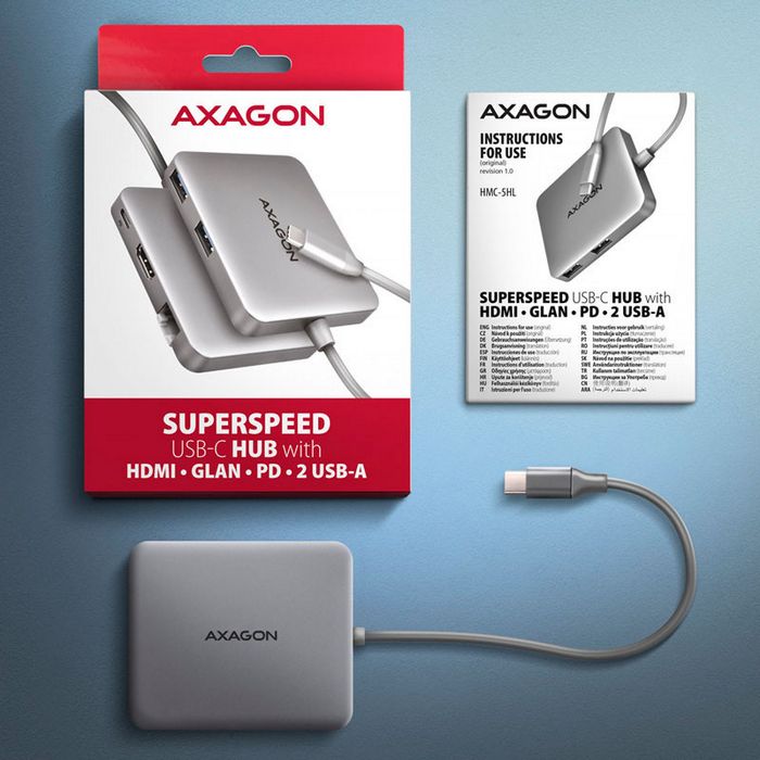 AXAGON HMC-5HL 2x USB-A, HDMI, LAN, USB 3.2 Gen 1 hub, PD 100W - grau-HMC-5HL