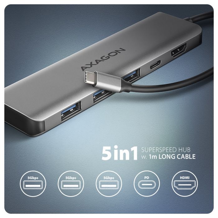 AXAGON HMC-5H USB-C 3.2 Gen 1 hub, 3x USB-A, 4K HDMI, PD 100W - Silber-HMC-5H