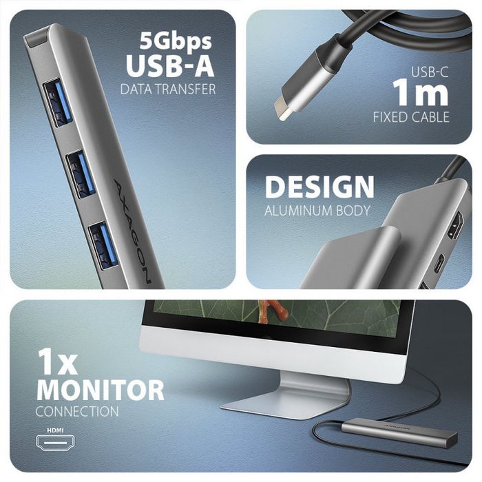 AXAGON HMC-5H USB-C 3.2 Gen 1 hub, 3x USB-A, 4K HDMI, PD 100W - Silber-HMC-5H