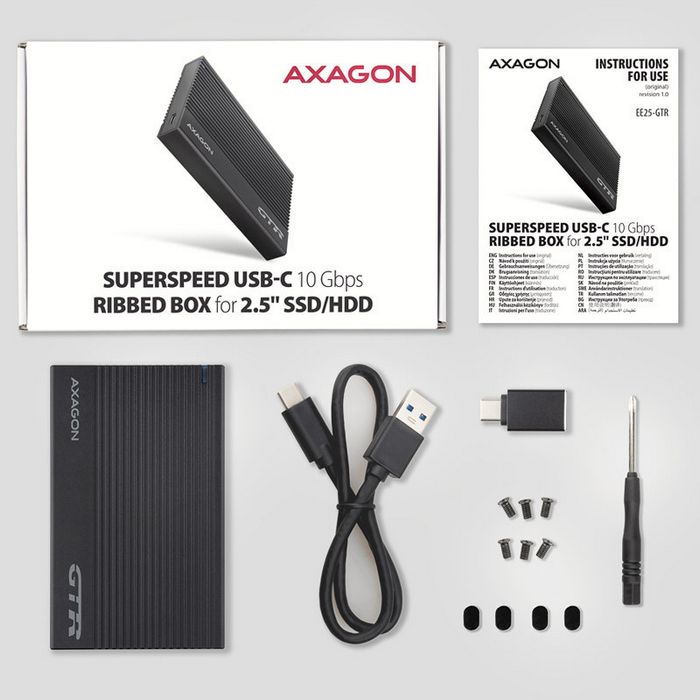 AXAGON EE25-GTR USB-C 3.2 Gen 2 - SATA 6G, 2.5" externes Festplattengehäuse, geriffelt - black EE25-GTR