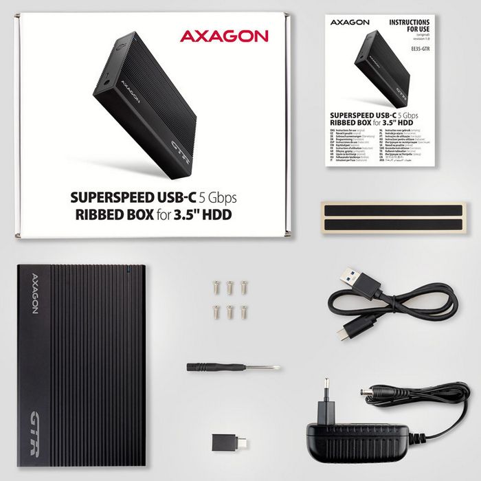 AXAGON EE35-GTR USB-C 3.2 Gen 1 - SATA 6G, 3.5" external hard drive enclosure, grooved - black EE35-GTR