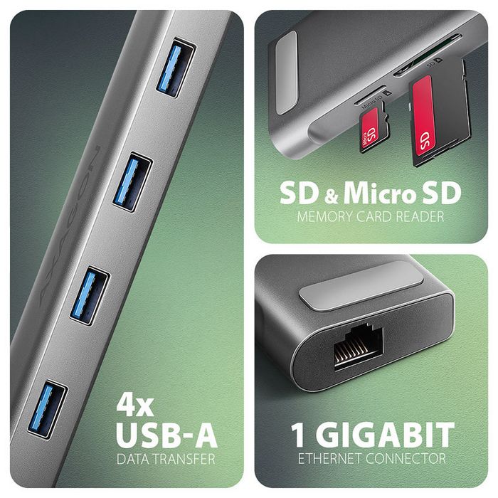 AXAGON HMC-10HLS Multiport-Hub, 4x USB-A und 2x USB-C, HDMI 4K/60Hz, RJ-45, SD/microSD, PD 100W-HMC-10HLS