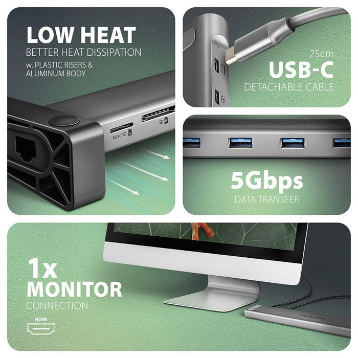 AXAGON HMC-10HLS Multiport-Hub, 4x USB-A und 2x USB-C, HDMI 4K/60Hz, RJ-45, SD/microSD, PD 100W-HMC-10HLS