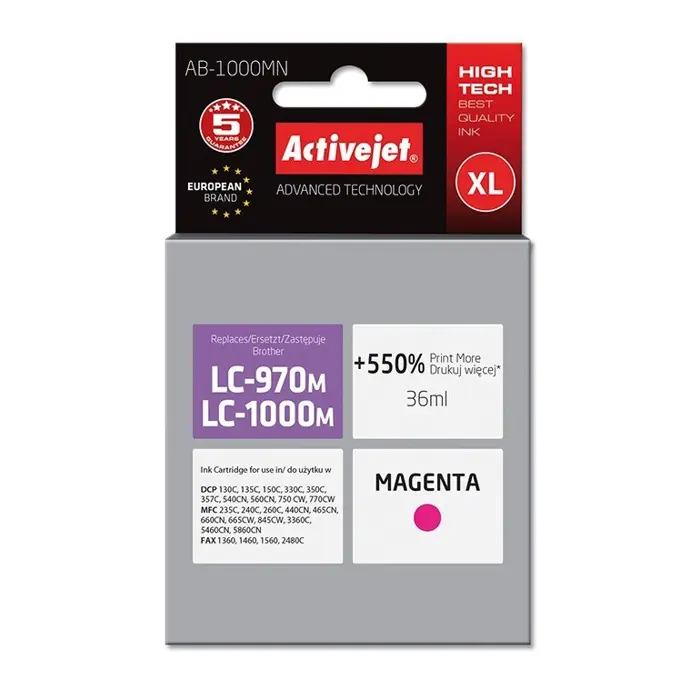 Activejet AB-1000MN Ink cartridge (replacement for Brother LC1000M/970M; Supreme; 35 ml; magenta). Prints 550% more.