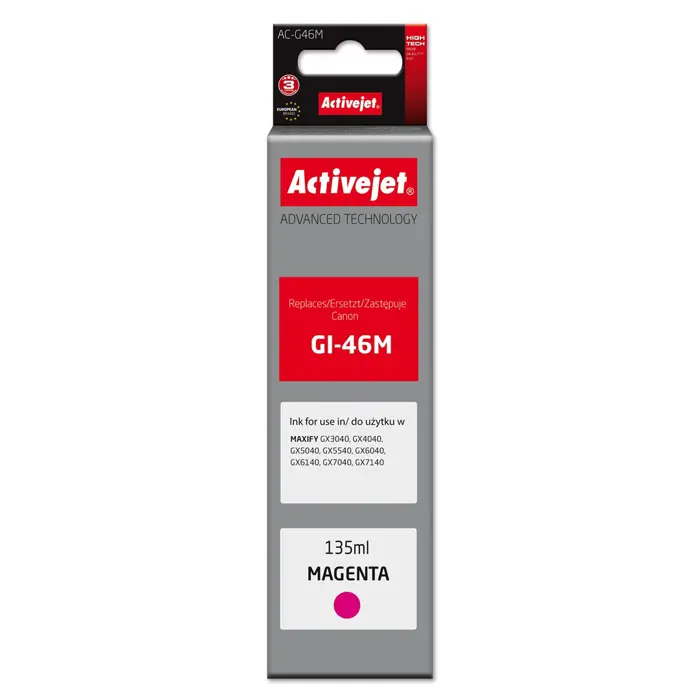 Activejet AC-G46M Ink cartridge for Canon printers, Replacement for Canon GI-46M; Supreme; 135 ml; magenta