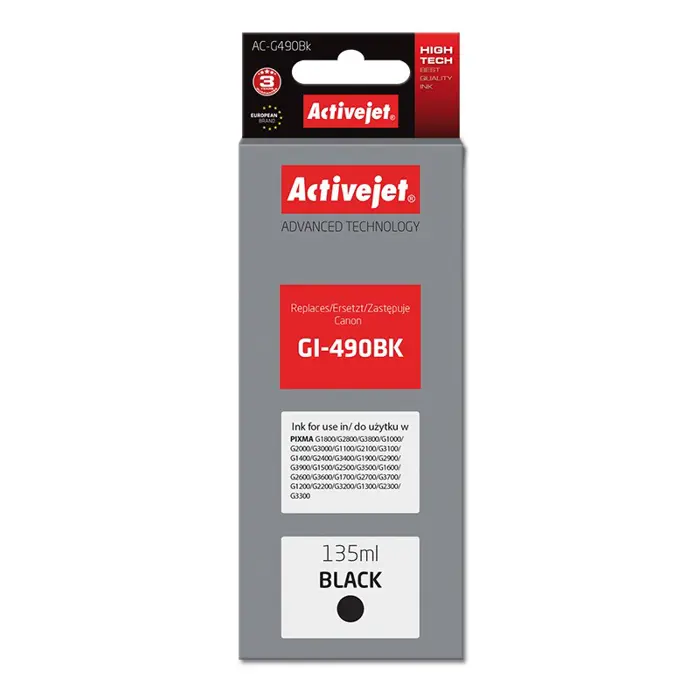 Activejet AC-G490Bk Ink cartridge (replacement for Canon GI-490BK; Supreme; 135 ml; 6000 pages, black)