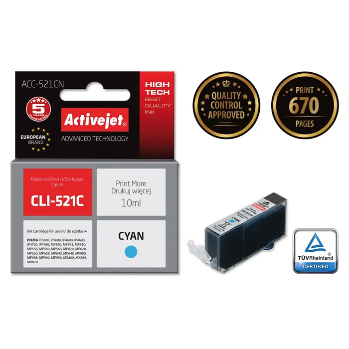 Activejet ACC-521CN Ink cartridge (replacement for Canon CLI-521C; Supreme; 10 ml; cyan)