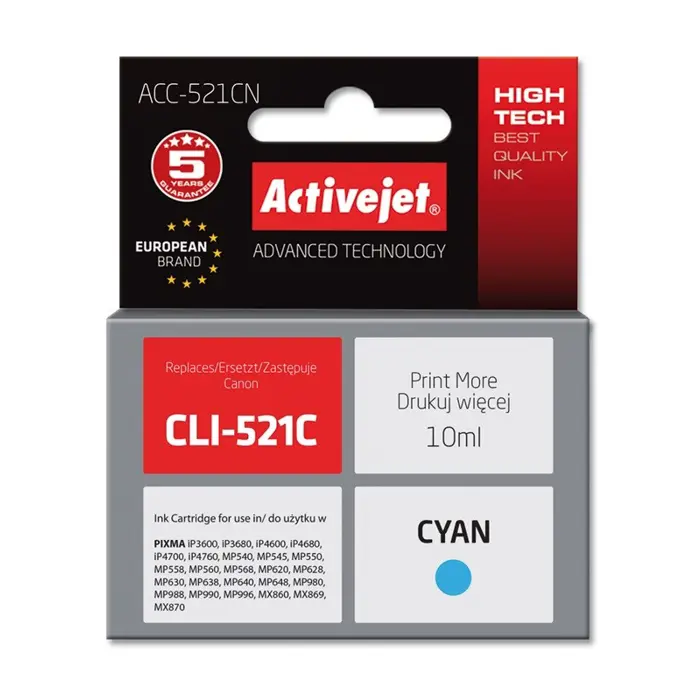 Activejet ACC-521CN Ink cartridge (replacement for Canon CLI-521C; Supreme; 10 ml; cyan)