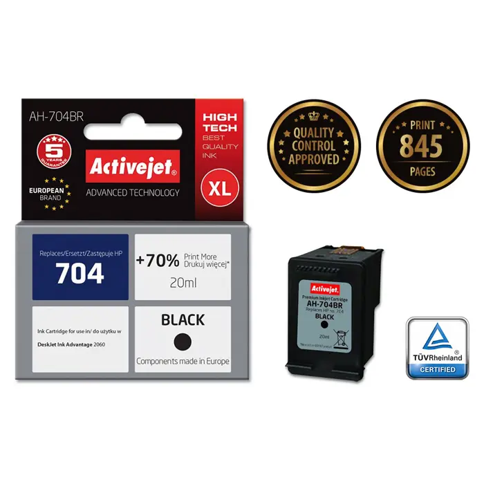 Activejet AH-704BR HP Printer Ink, Compatible with HP 704 CN692AE; Premium; 20 ml; black. Prints 70% more.