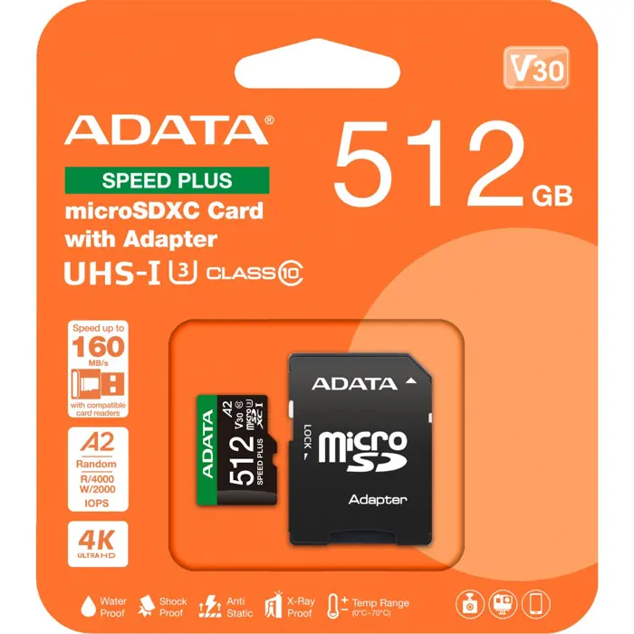 ADATA SPEED PLUS microSDXC 512 GB, memory card UHS-I U3, Class 10, V30, A2
