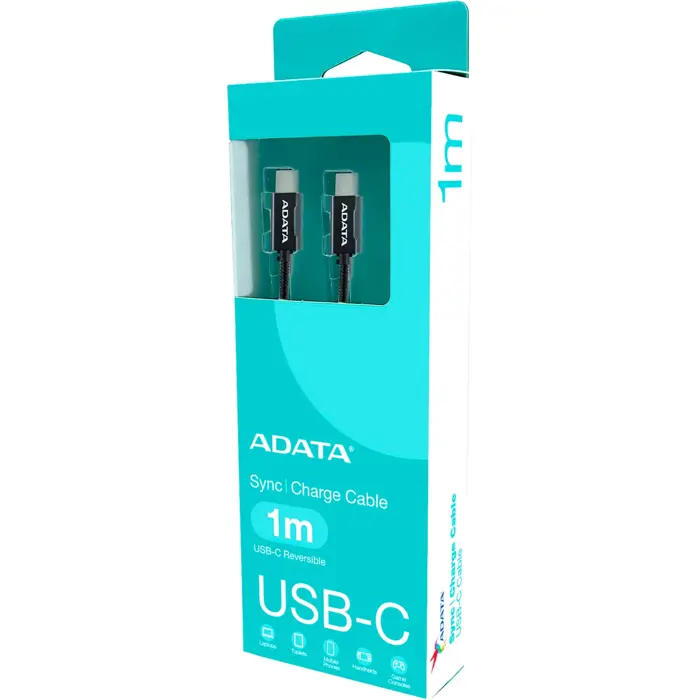 ADATA USB 2.0 cable, USB-C male > USB-C male (black, 1 meter, PD 3.0, QC 3.0, charging with up to 100 watts)