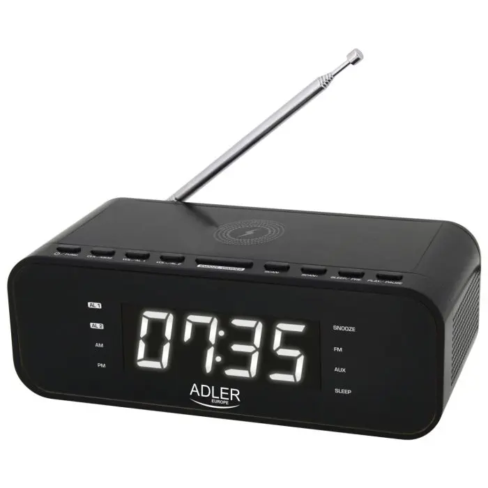 Adler Copper Wireless Alarm Clock with Radio, Black