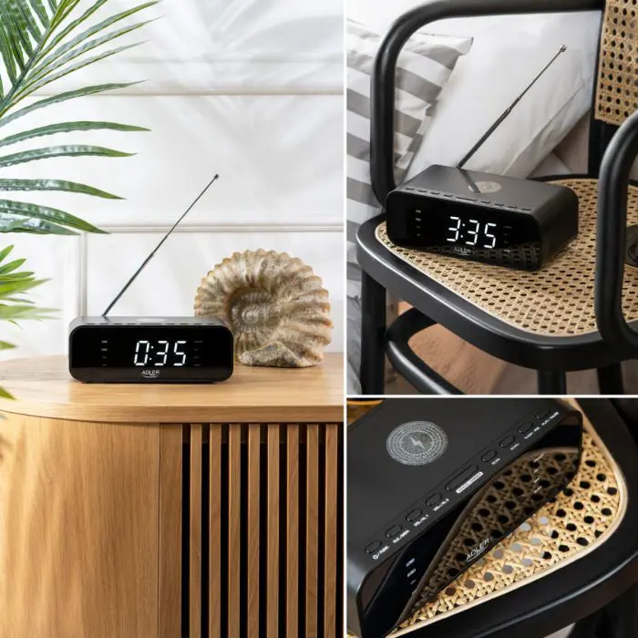 Adler Copper Wireless Alarm Clock with Radio, Black