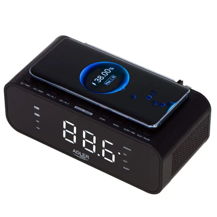 Adler Copper Wireless Alarm Clock with Radio, Black