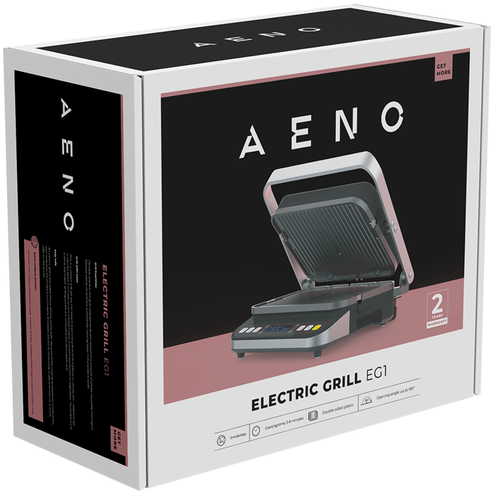 AENO Electric Grill EG1: 2000W, 3 heating modes - Upper Grill, Lower Grill, Both Grills Defrost, Max opening angle -180°, Temperature regulation, Timer, Removable double-sided plates, Plate size 32