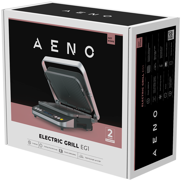 AENO Electric Grill EG1: 2000W, 3 heating modes - Upper Grill, Lower Grill, Both Grills Defrost, Max opening angle -180°, Temperature regulation, Timer, Removable double-sided plates, Plate size 32