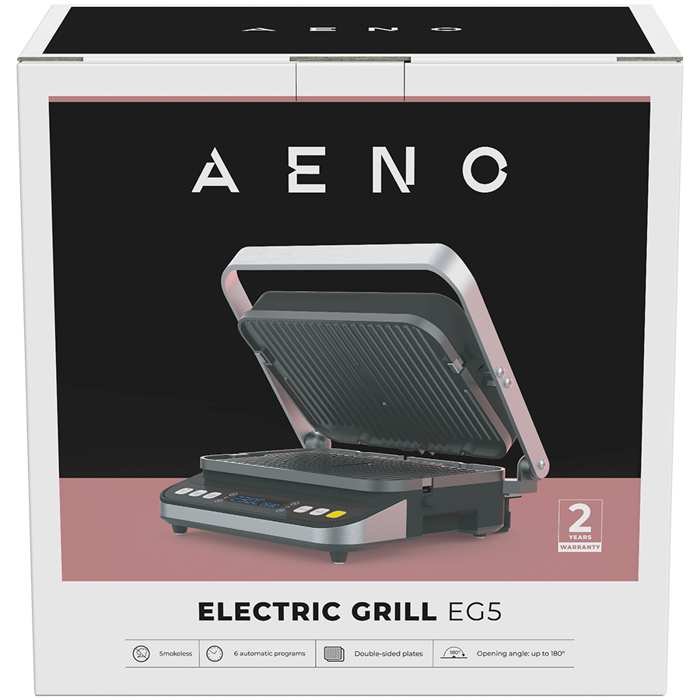 AENO Electric Grill EG5: 2000W, 2 heating modes - Lower Grill, Both Grills, 6 preset programs, Defrost, Max opening angle -180°, Temperature regulation, Timer, Removable double-sided plates, Plate s