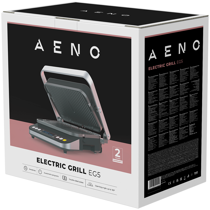 AENO Electric Grill EG5: 2000W, 2 heating modes - Lower Grill, Both Grills, 6 preset programs, Defrost, Max opening angle -180°, Temperature regulation, Timer, Removable double-sided plates, Plate s