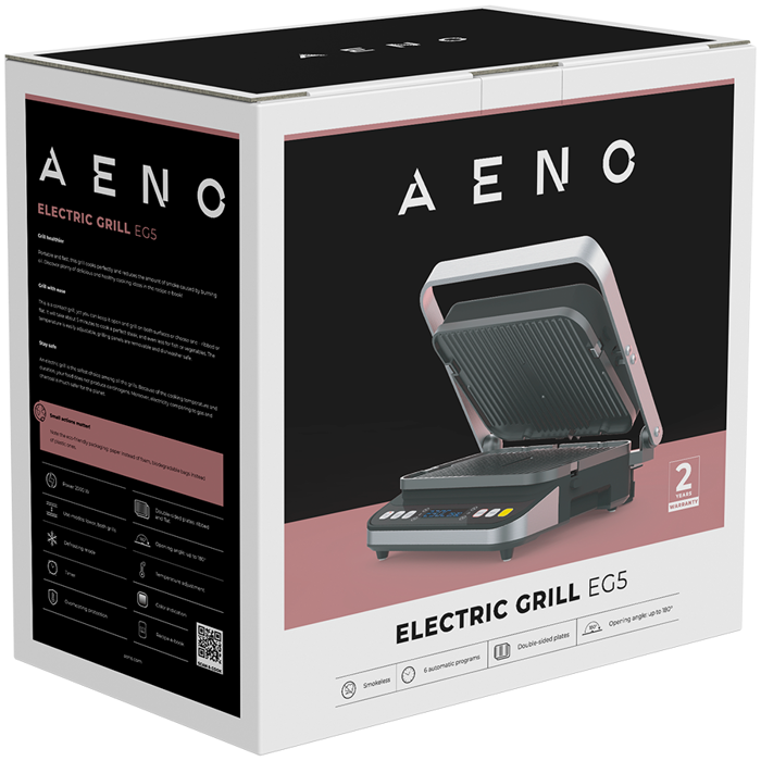 AENO Electric Grill EG5: 2000W, 2 heating modes - Lower Grill, Both Grills, 6 preset programs, Defrost, Max opening angle -180°, Temperature regulation, Timer, Removable double-sided plates, Plate s